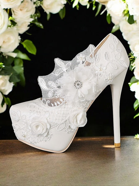 Lace White Wedding Shoes Embellishments Floral with FashionChic