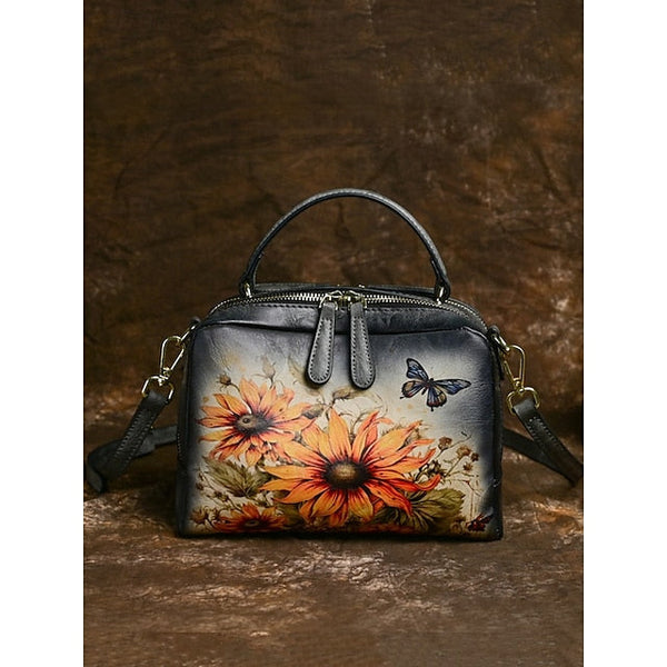 – Sunflower Print Vintage with Handbag Leather and Butterfly FashionChic