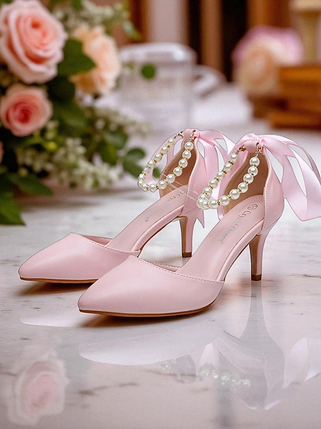 Ankle Pumps Heel Strap - Bow Women's Pearl Kitten Blue with FashionChic