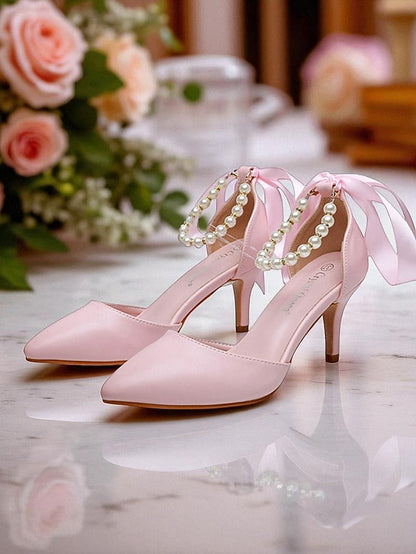 Ankle Pumps Heel Strap - Bow Women's Pearl Kitten Blue with FashionChic