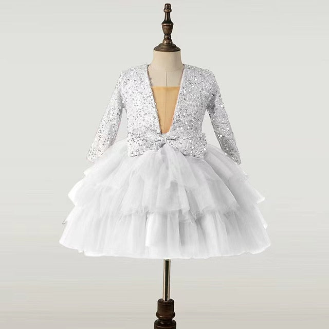 Long Party Girls' Dress Performance Sequin Sleeve Kids FashionChic