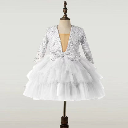 Long Party Girls' Dress Performance Sequin Sleeve Kids FashionChic