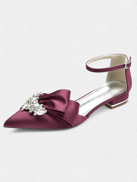 Bow with Pointed-Toe and Satin Rhinestone Ankle White Heels FashionChic
