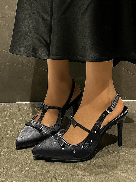 Women's with Satin – Bows and Studs Purple Heels T-Strap FashionChic