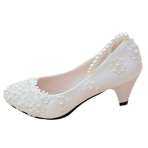 Lace Floral Women's White Wedding Pearl Heels – Decorated FashionChic