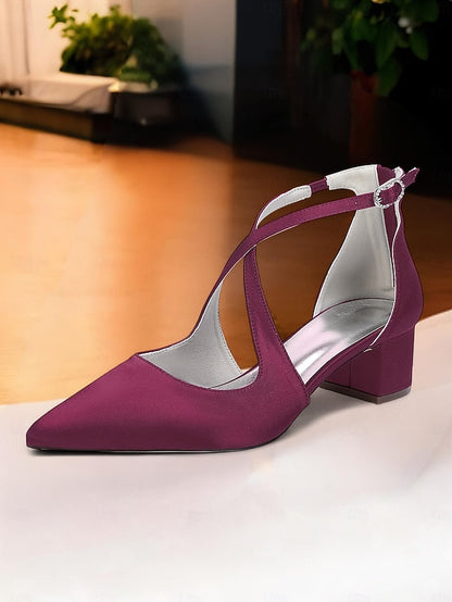 Satin - Block Pointed Toe Women's Heels Elegant Ivory FashionChic