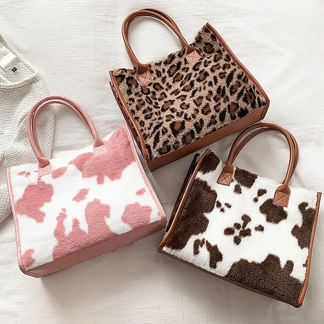 Tote Bag with Leather Faux Leopard Print Brown Women's Fur FashionChic