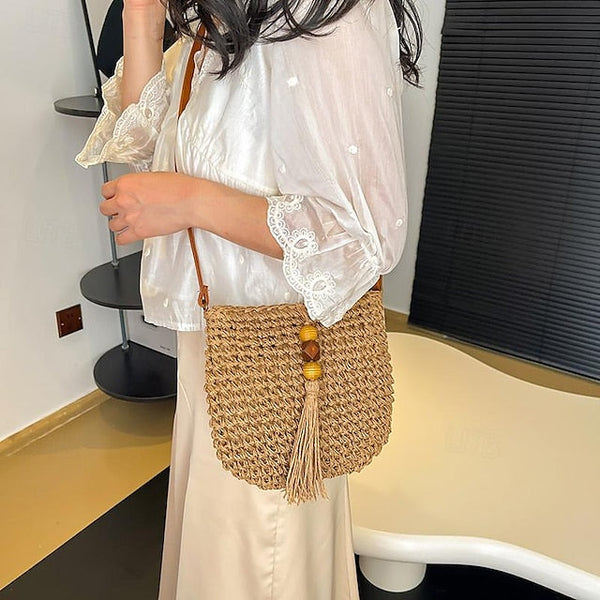 Tassel Women's Bag Woven Boho Handbag – Straw Crossbody FashionChic