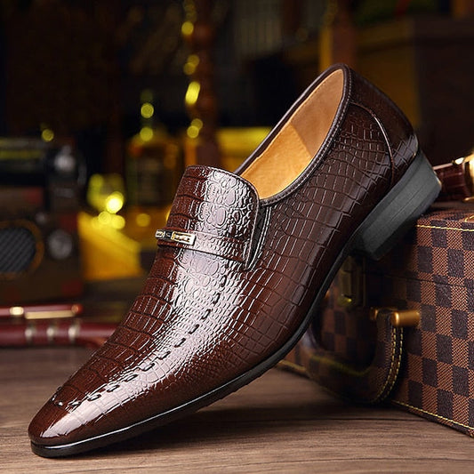 Pattern Leather Crocodile Men's Brown Faux - Loafers FashionChic