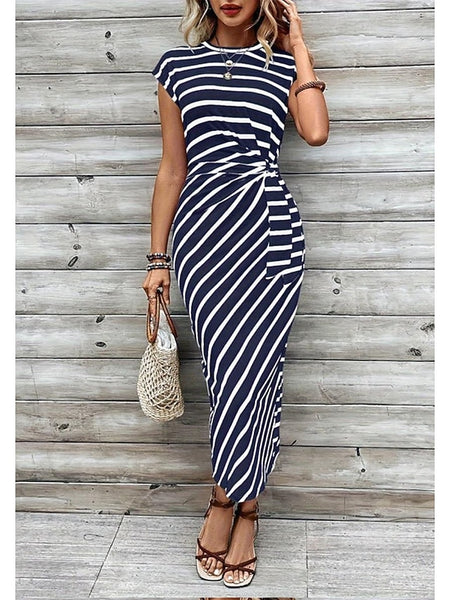 Women's Sheath Dress Stripe Knotted Crew Neck Cap Sleeve
