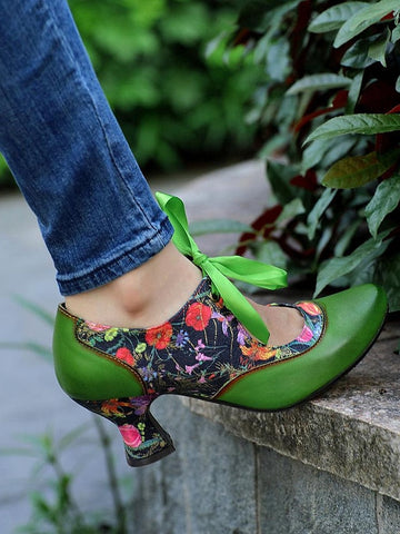 Mary Heels Green with Jane Women's Print Leather Floral FashionChic