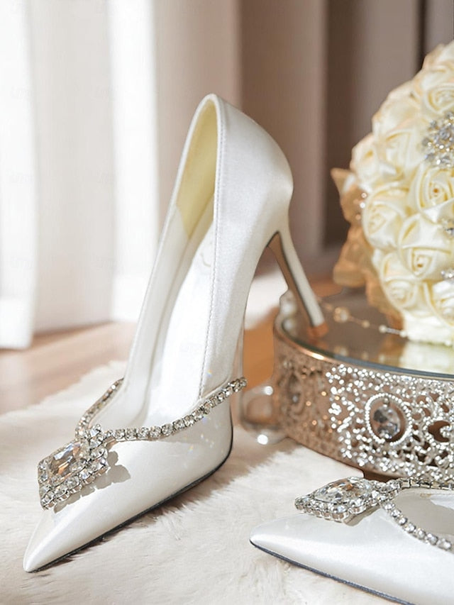 with Women's Heels Satin Crystal White Wedding Toe Pointed FashionChic