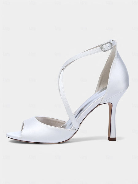 Elegant Heels Peep-Toe Women's White – Satin Cross-Strap FashionChic