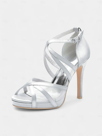 Heel Cross White Sandals - with Satin High Straps Perfect Bridal FashionChic