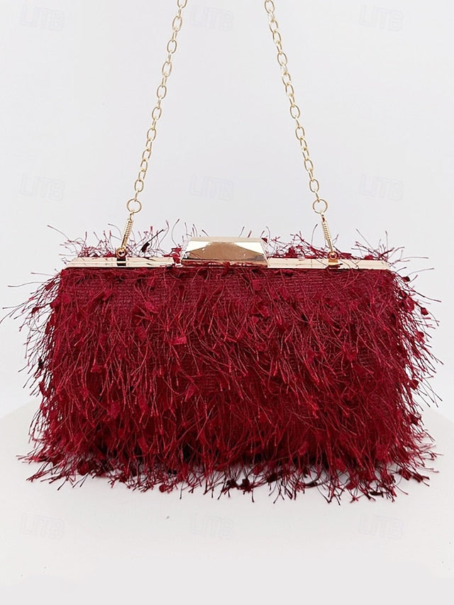 Chain Women's Evening Strap Feathered with Chic Clutch FashionChic