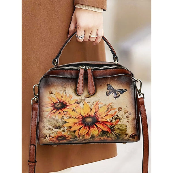 – Sunflower Print Vintage with Handbag Leather and Butterfly FashionChic
