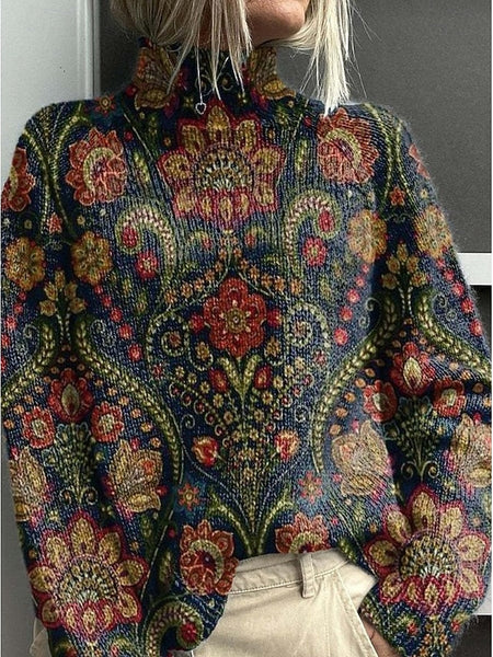 Women's Sweater Casual Soft Floral Ribbed Turtleneck FashionChic