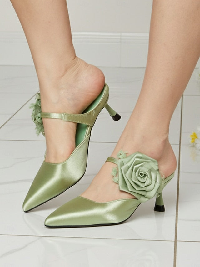 Floral Green Ankle Toe Heels Women's Satin with Pointed FashionChic