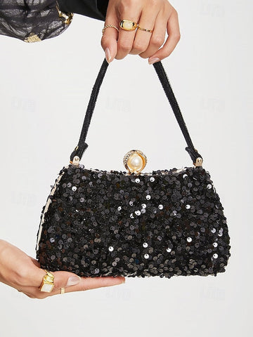 – Women's Evening Pearl Accent Sequin Black Clutch with FashionChic