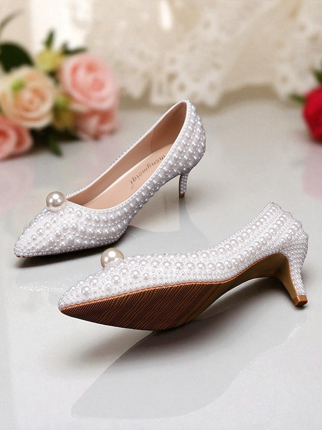 Heel Matching Kitten and Pearl-Embellished Pumps Women's FashionChic