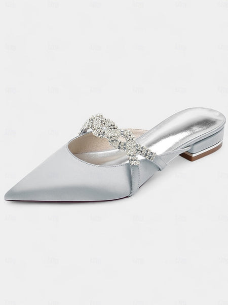 Satin - Pointed-Toe Rhinestone Detailing Blue with Heels Mule FashionChic