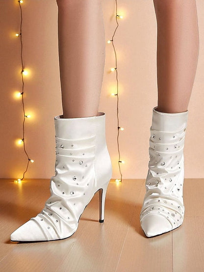 Boots with Satin Women's Ankle Rhinestone White FashionChic