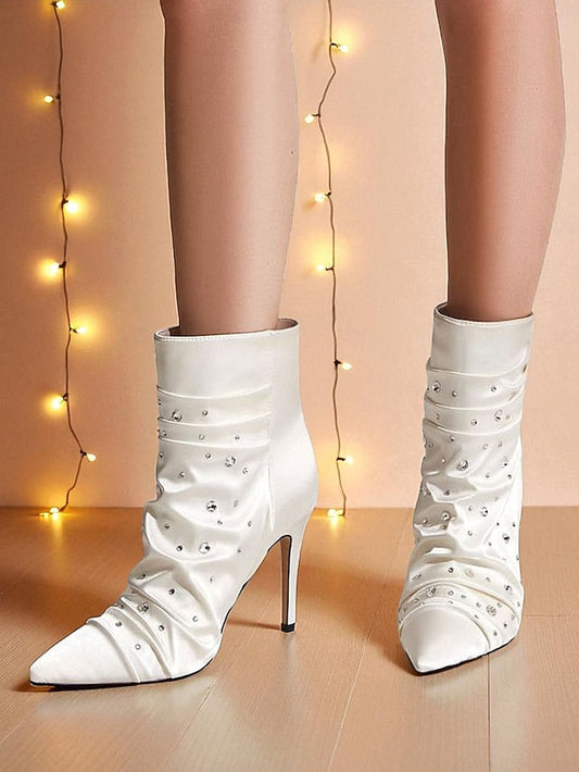 Boots with Satin Women's Ankle Rhinestone White FashionChic