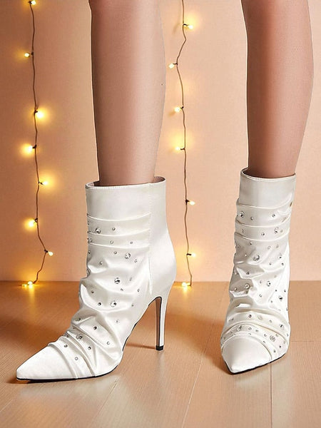 Boots with Satin Women's Ankle Rhinestone White FashionChic