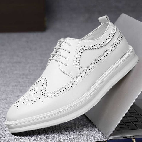 Shoes White Lace-Up Stylish Derby Brogue Leather - Men's FashionChic