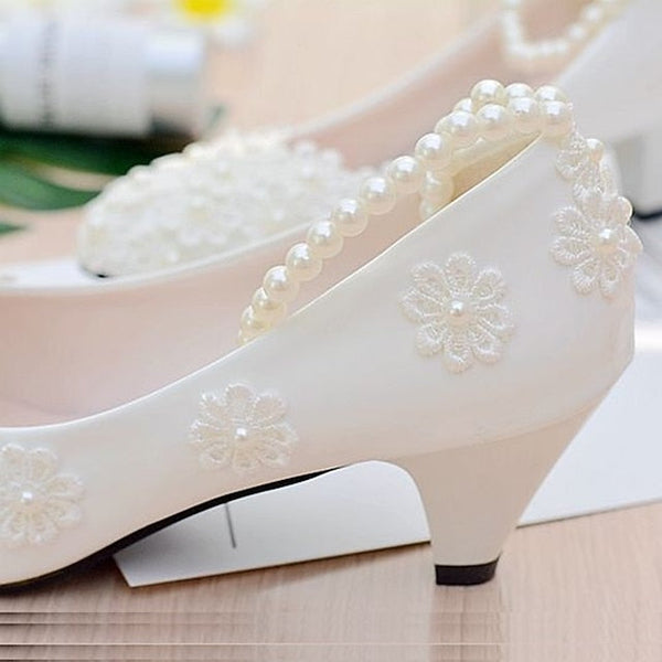 Lace Floral Women's White Wedding Pearl Heels – Decorated FashionChic