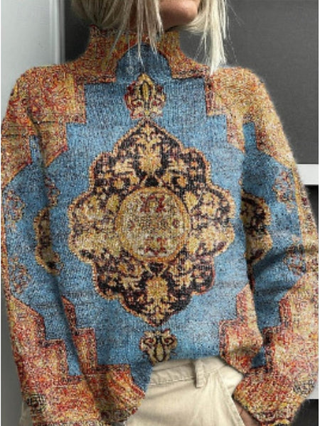 Women's Sweater Casual Soft Floral Ribbed Turtleneck FashionChic