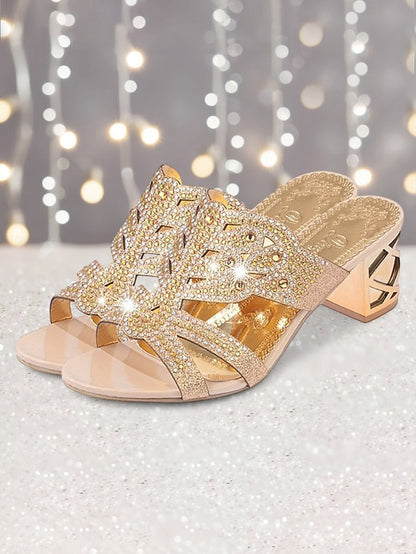 Embellished Green - Gold Rhinestone Sandals and Heeled FashionChic
