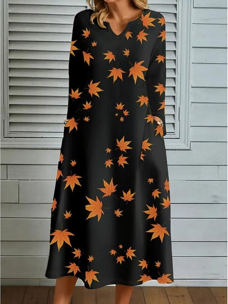 Women's Leaf Print V Neck Maxi Dress Long Sleeve Spring