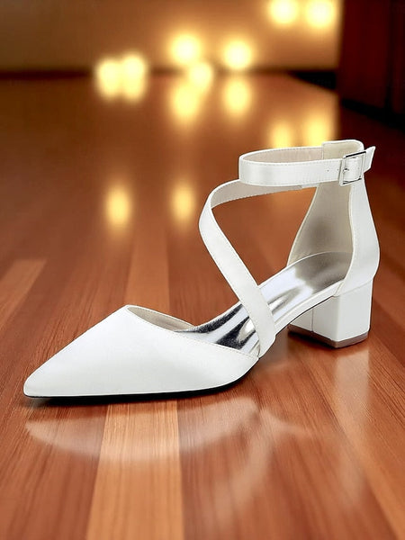 Women's Champagne Pointed Block Heels Satin Toe - FashionChic