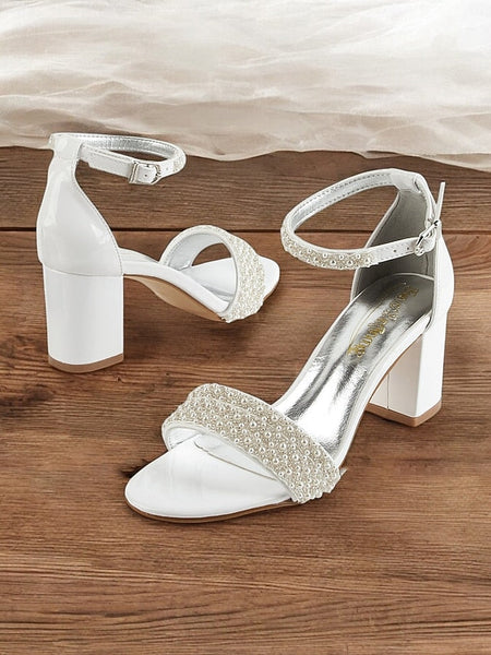 Strap Ivory Pearl-Embellished for Open-Toe with Heels Ankle FashionChic