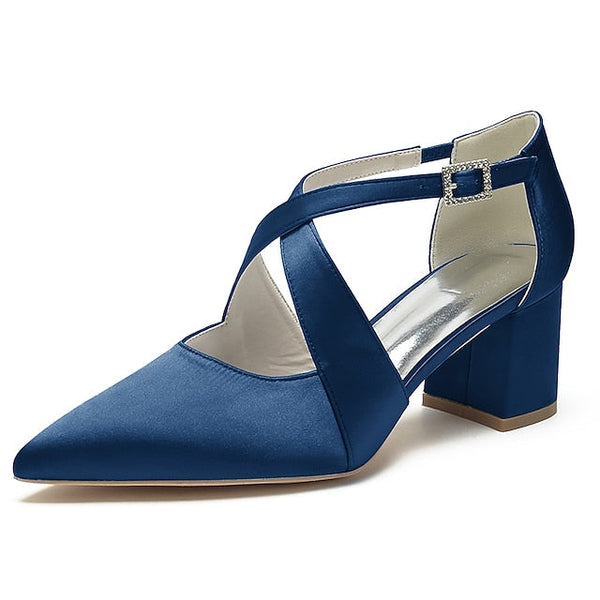 Heels White Pointed Satin Toe Block Women's – Elegant FashionChic