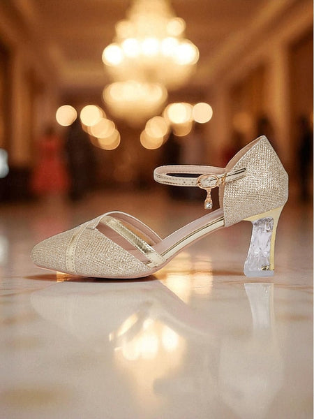 Ankle Elegant Strap Heel Pumps Gold Block Glitter Women's - FashionChic
