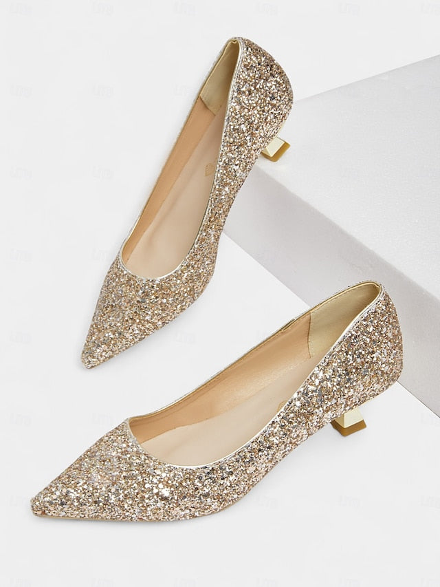 Pumps Glitter Low Toe Pointed Heel Women's Sparkly - FashionChic