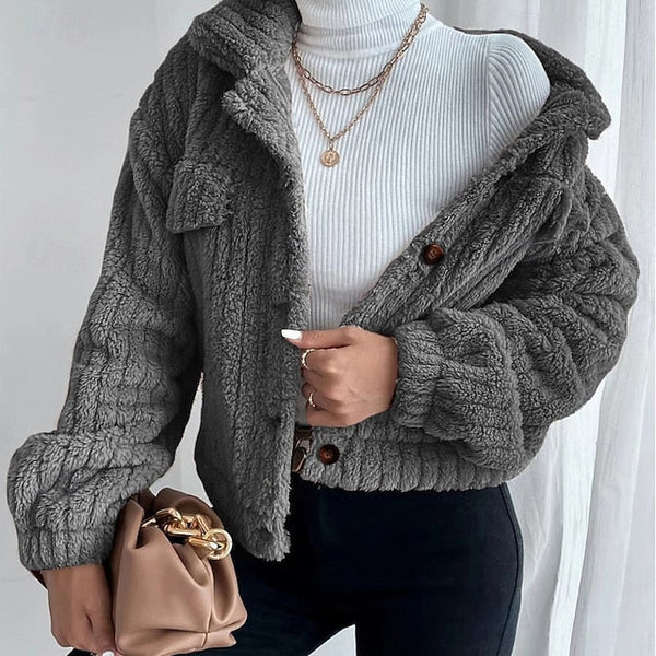Casual Plain Coat Warm Teddy Women's Buttons Comfortable FashionChic
