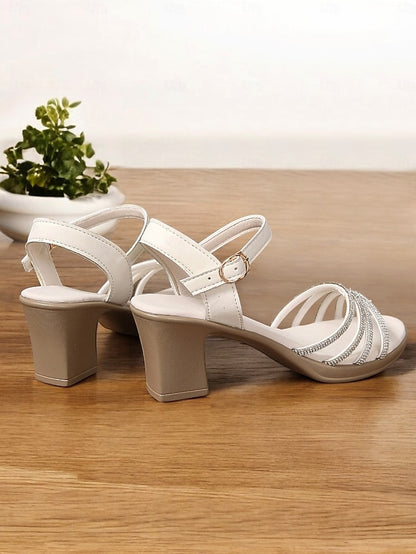 with - Block Comfortable Sandals Strappy Heel Rhinestones Black