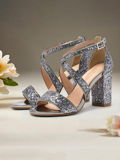 Women's Block Sandals Gold Heel Glitter FashionChic