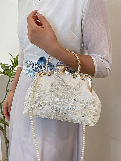 Handbag Floral Pearl and Evening White Lace Elegant with FashionChic