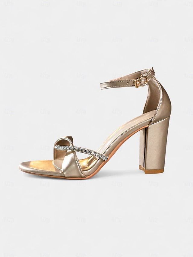 Sandals Ankle Women's Open-Toe Heel PU - Gold Block Strap FashionChic
