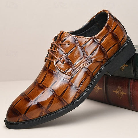 Shoes Dress Leather Brown Crocodile-Pattern Men's FashionChic