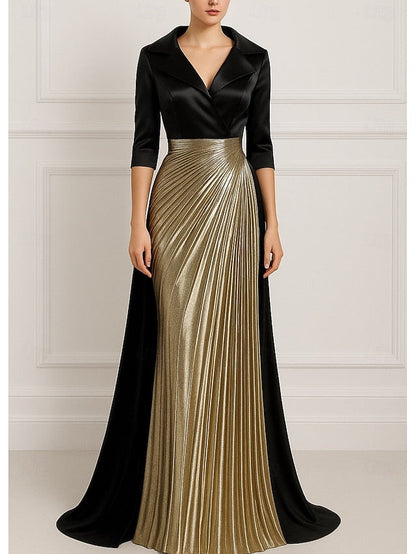 Gold A-Line Evening Wedding Elegant Dress Gown Formal Black FashionChic