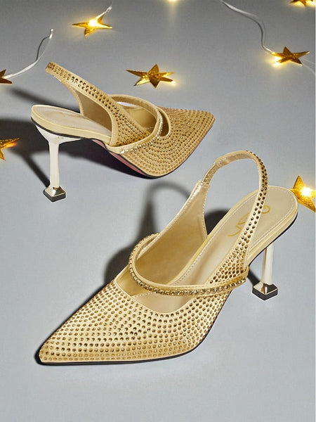 Sparkly Pointed - Heels Gold Toe Rhinestone Women's FashionChic