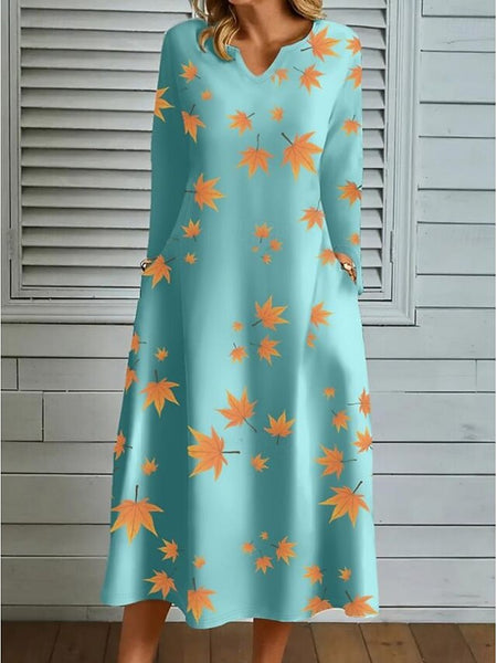 Women's Leaf Print V Neck Maxi Dress Long Sleeve Spring