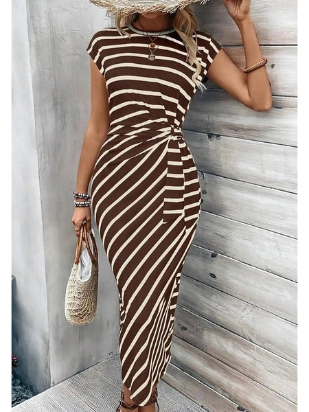 Women's Sheath Dress Stripe Knotted Crew Neck Cap Sleeve
