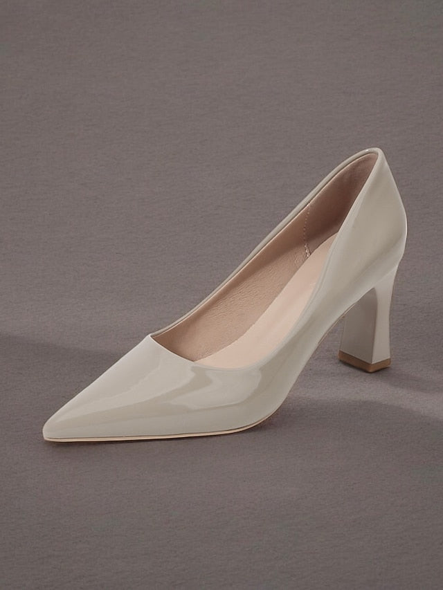 Pointed-Toe Glossy Patent Leather Heel Green Pumps Faux Block FashionChic