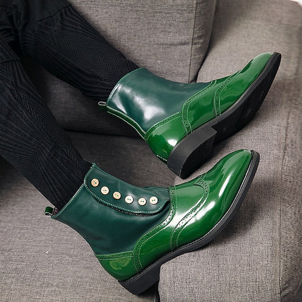 - Leather Button Boots Green Stylish Wingtip Vintage Men's FashionChic